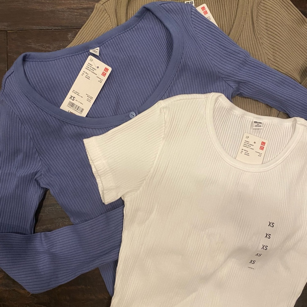 Set of 3, Uniqlotops, 2 long sleeve, 1 short sleeve fitted, ribbed. NWT
